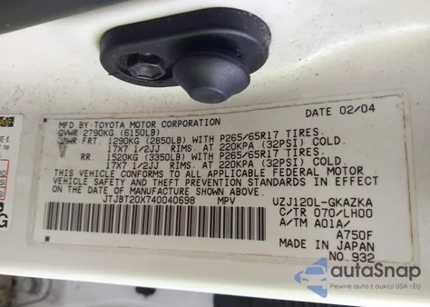 2004 Lexus Gx 470 z USA, uszkodzony, nr VIN JTJBT20X740040698